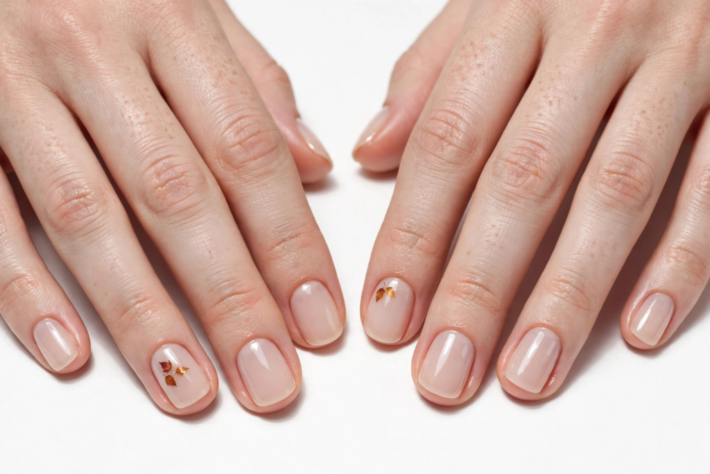 October nail ideas 2026 showing minimalist sheer milky nude nails with delicate tiny gold fall maple leaf accents on short squoval nails against a clean white background.   