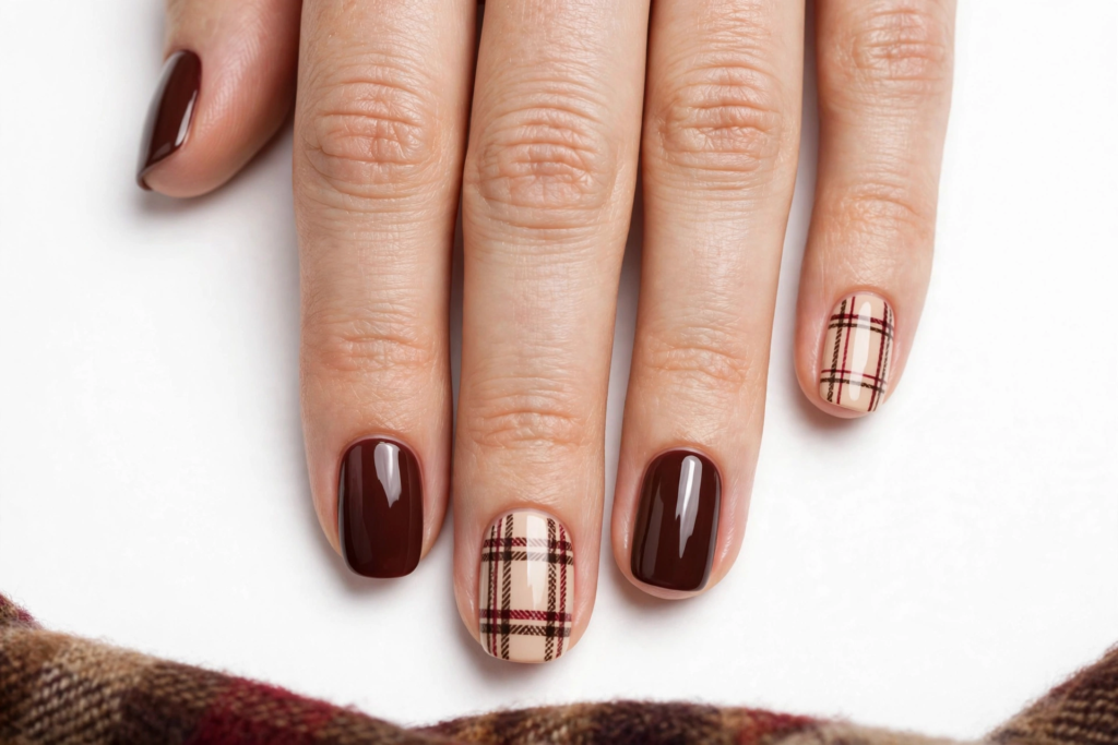 October nail ideas 2026 showing cozy autumn plaid nail art in beige, red, and black paired with glossy deep reddish-brown nails on short squoval tips against a white background.   