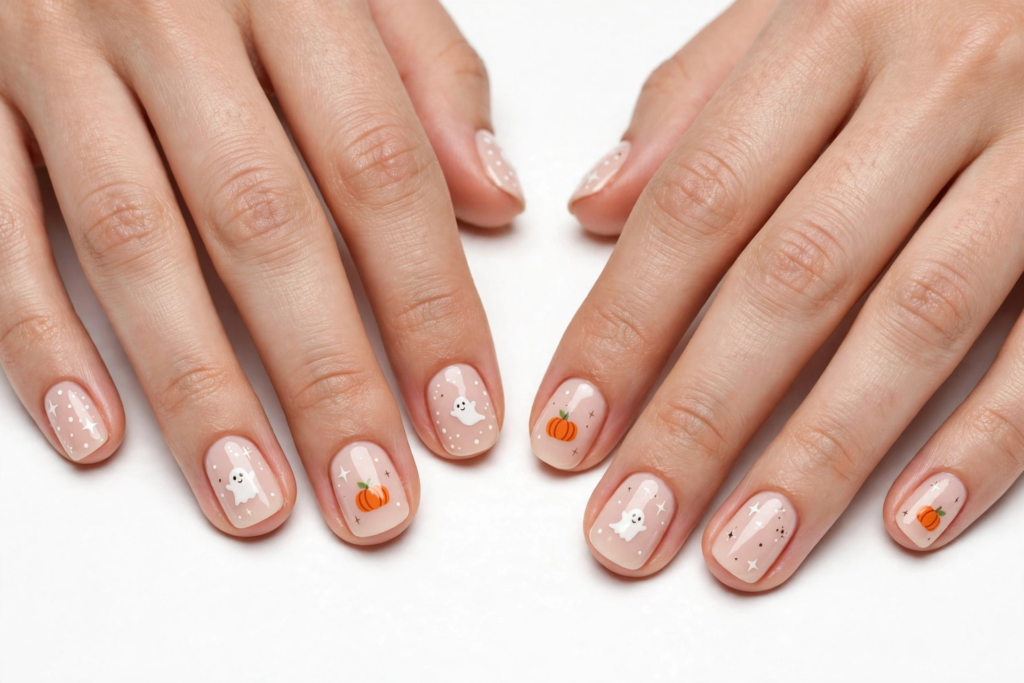 October nail ideas 2026 showing cute Halloween nail art with friendly white ghosts, orange pumpkins, and star sparkles over a sheer milky nude base on short squoval nails against a clean white background.   