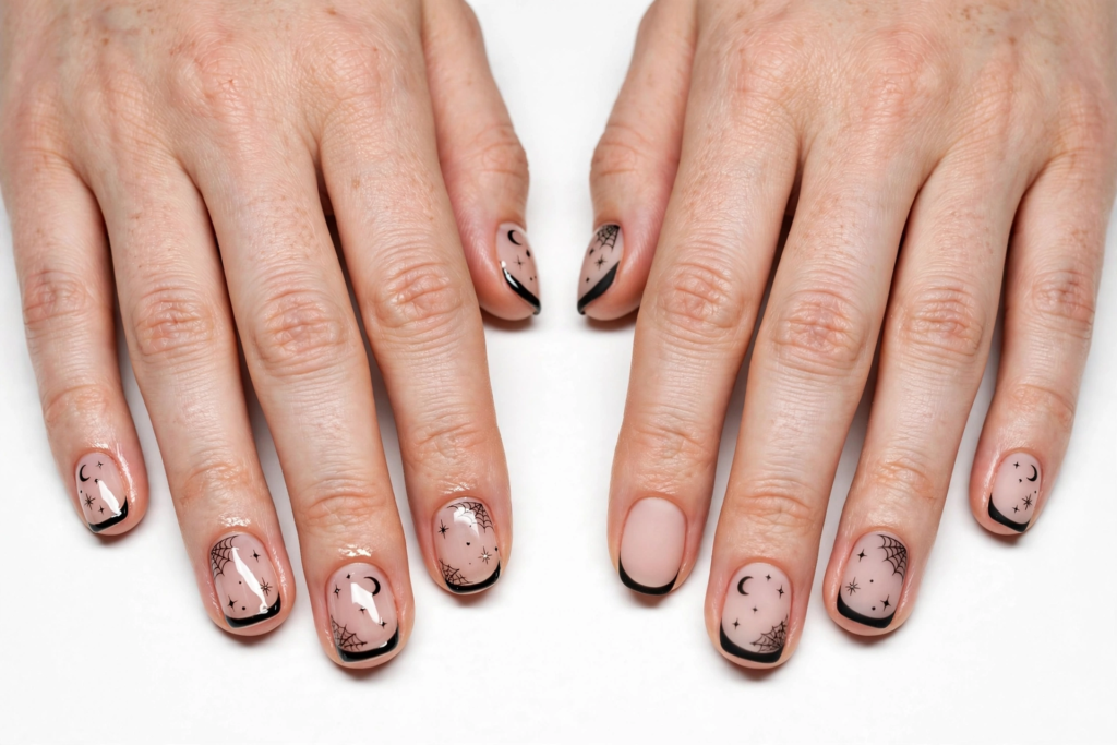 October nail ideas 2026 showing spooky celestial Halloween nail art with black French tips, delicate spiderwebs, crescent moons, and stars over a glossy nude base on short squoval nails against a white background.   
