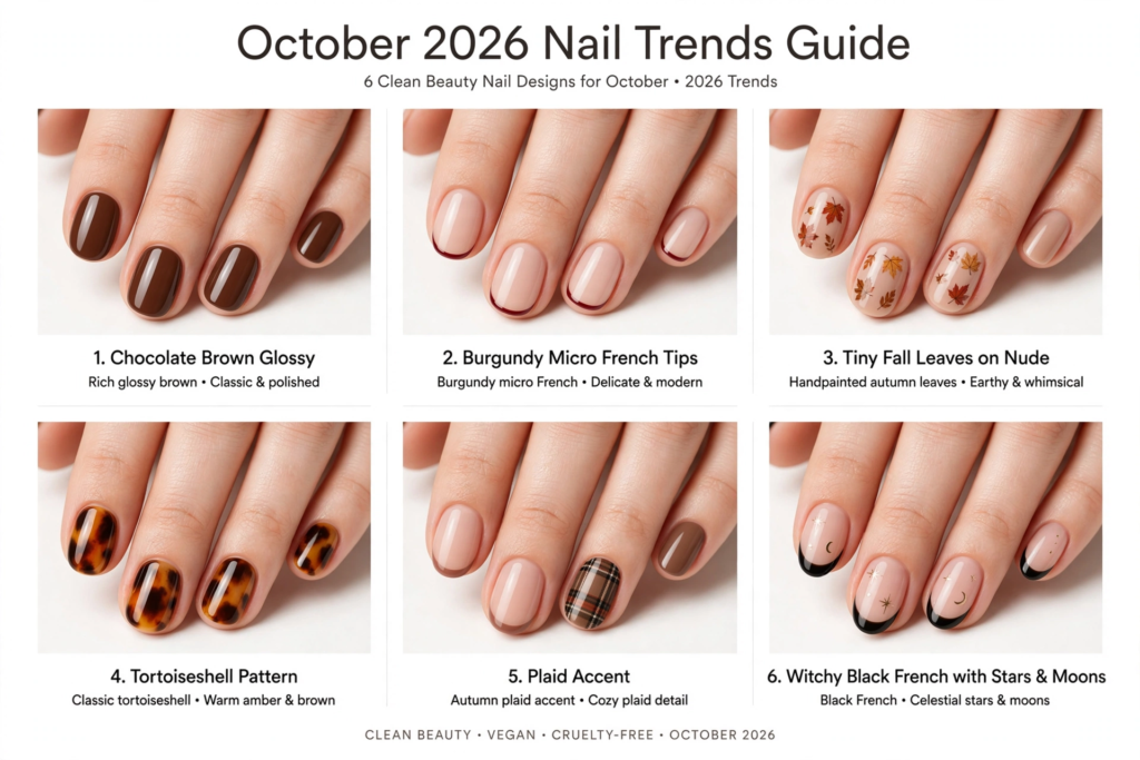 October nail ideas 2026 collage guide featuring six fall manicure trends: chocolate brown glossy, burgundy micro French tips, handpainted tiny fall leaves, classic tortoiseshell pattern, plaid accent nail, and witchy black French tips with celestial stars and moons on short squoval nails.   