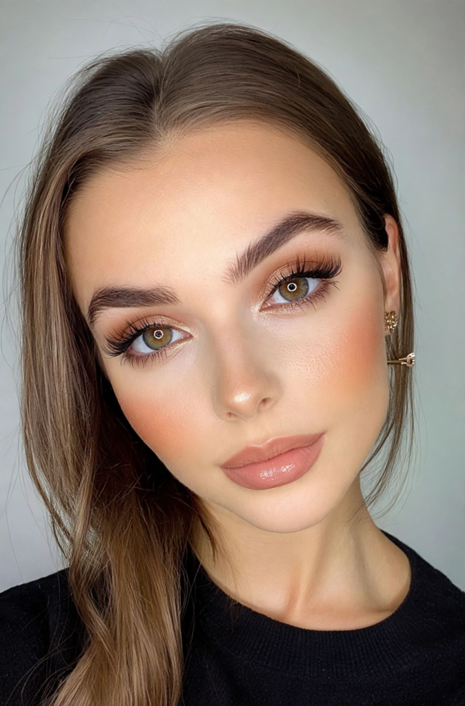 Close-up portrait showcasing one of the most popular pretty makeup looks, featuring warm bronze eyeshadow, defined feathered brows, fluttery false lashes, peach-toned blush, and glossy nude lips.