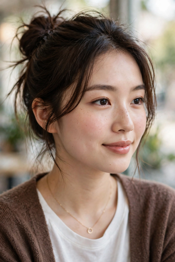 Natural, "no-makeup" makeup look on a smiling East Asian woman with a messy bun, soft defined brows, light blush across her freckled cheeks, and sheer rosy lip balm.