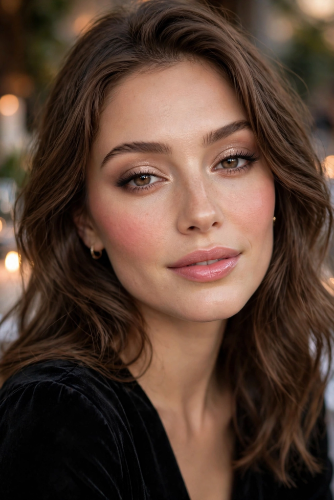 Elegant soft glam makeup look on a brunette woman featuring champagne shimmer eyeshadow, soft brown liner, rosy flush blush, and glossy pink lips.   