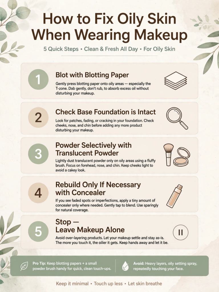 Infographic guide showing 5 steps on how to fix oily skin when wearing makeup with beauty hacks for oily skin.