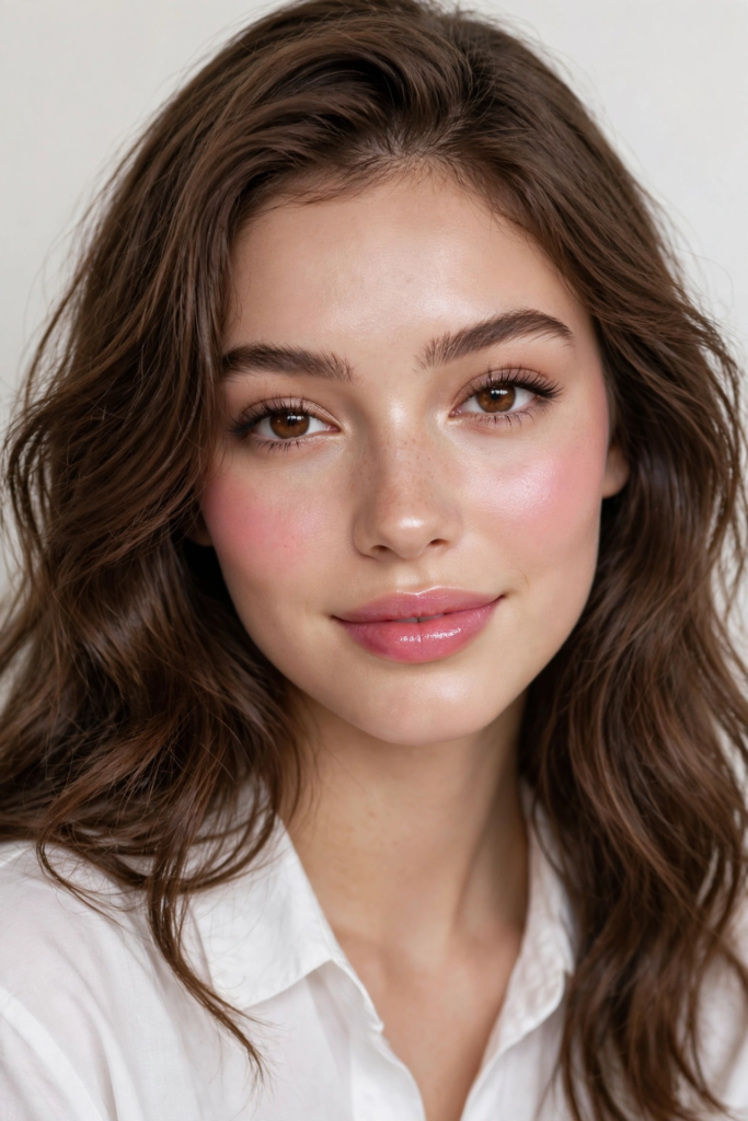 Fresh, luminous clean girl makeup look featuring bright pink draped blush, feathered brows, glass skin glow, separated lashes, and shiny pink lip gloss.   