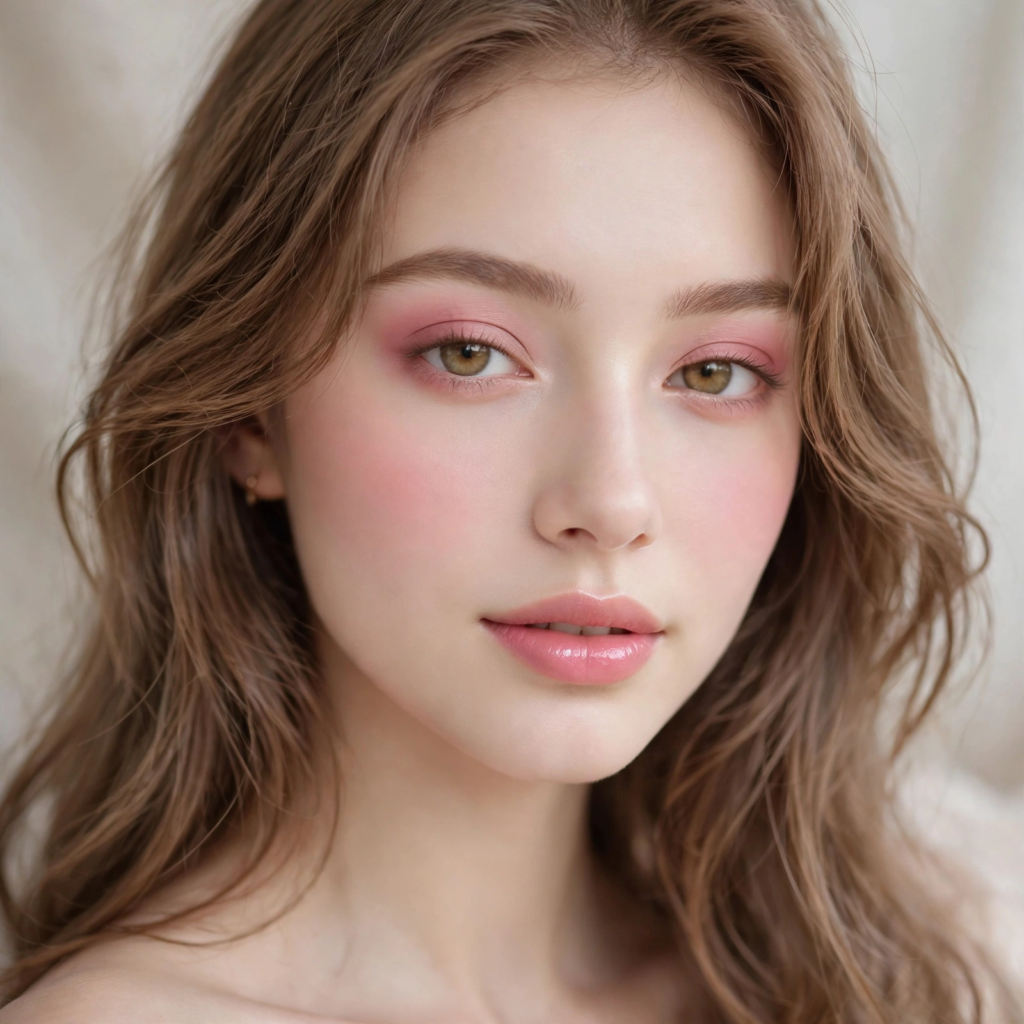 Ethereal monochrome pink makeup look on a young woman featuring pastel rose matte eyeshadow, soft diffused blush across the cheeks, delicate feathered brows, and glossy pink lips.   