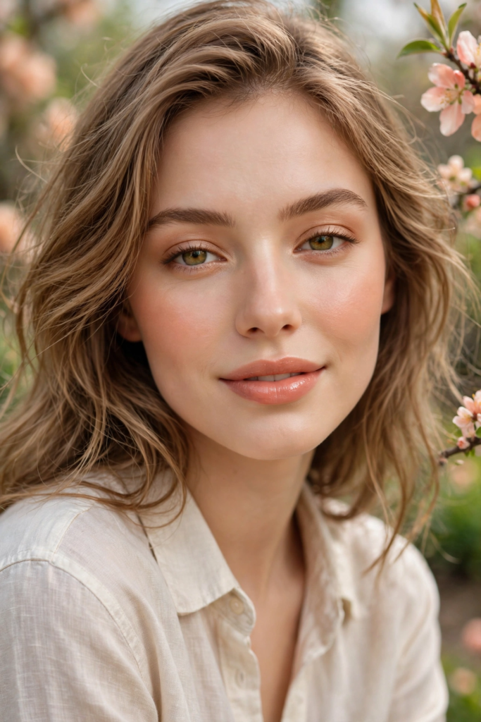Sun-kissed peach makeup look on a smiling blonde woman featuring warm champagne eyeshadow, natural groomed brows, dewy peach blush, and glossy nude-peach lips.   
