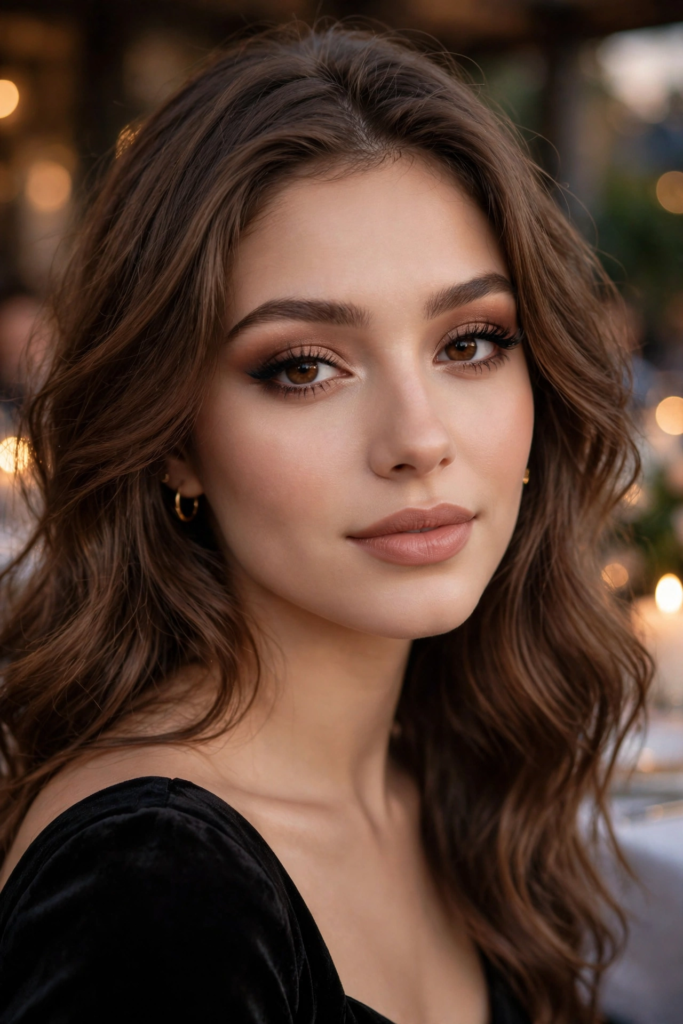 Timeless soft glam makeup look on a brunette woman featuring smokey brown cat-eye eyeshadow, structured brows, subtle peach blush, and satin nude-matte lips.   