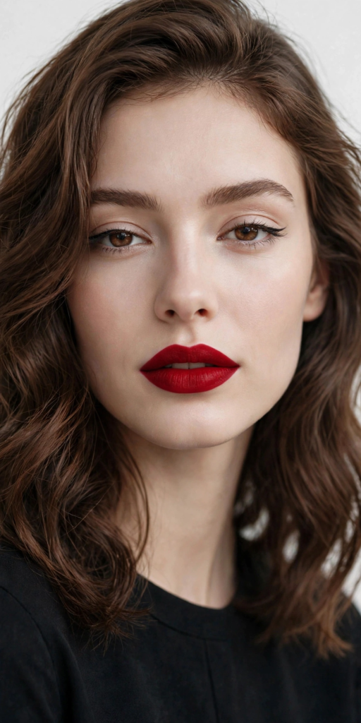 Classic French-girl makeup look featuring bold matte red lipstick, subtle winged black eyeliner, groomed brows, and clean, porcelain skin.   