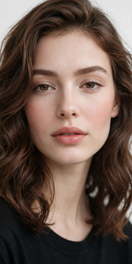 Natural "no-makeup" makeup look on a brunette woman featuring soft feathered eyebrows, minimal mascara, subtle flush of blush, and satin nude-pink lips.   