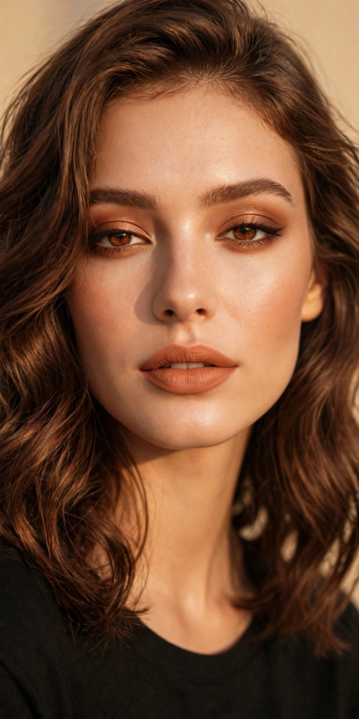 Warm bronze makeup look on a brunette woman featuring soft copper smokey eyeshadow, defined brows, glowing bronzed skin, and matte terracotta nude lipstick.   