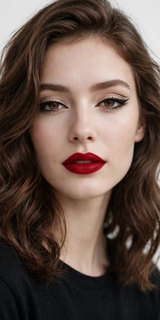 Classic retro glam makeup look featuring sharp black winged cat-eye eyeliner, defined full brows, porcelain skin, and bold matte ruby-red lipstick.   