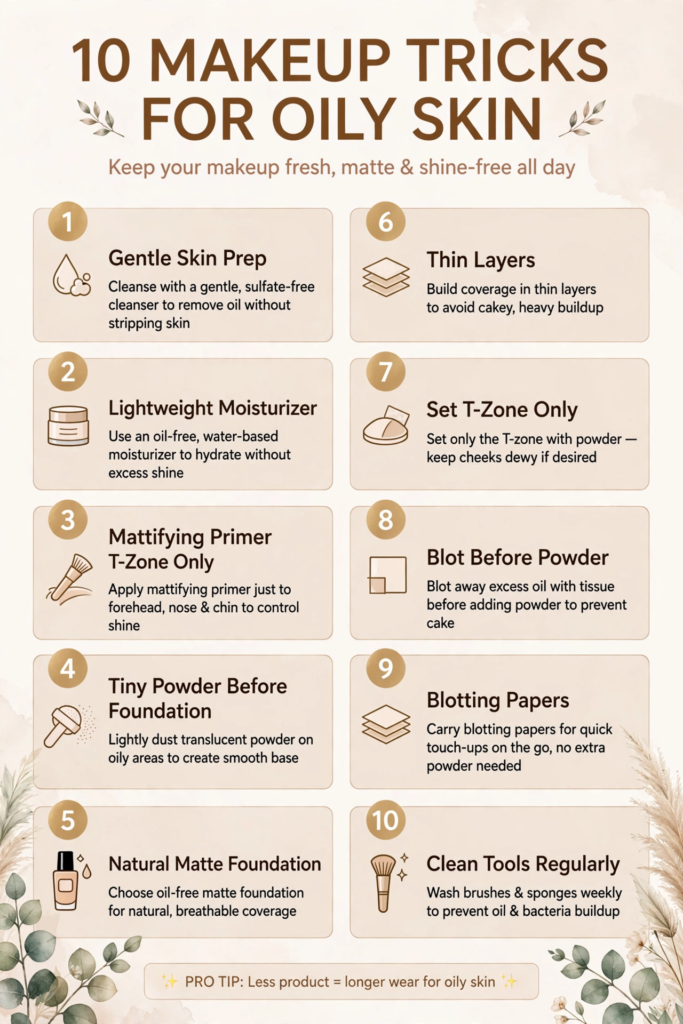 Infographic featuring 10 makeup tricks and beauty hacks for oily skin to keep makeup fresh, matte, and shine-free all day.
