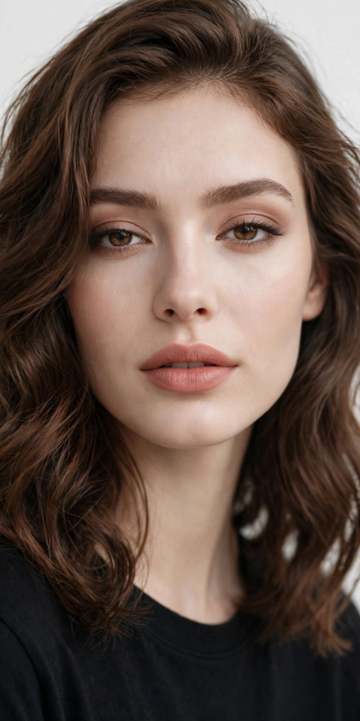 Soft taupe matte makeup look on a brunette woman featuring diffused neutral eyeshadow, defined brows, glowing natural skin, and velvety rosy-nude matte lips.   