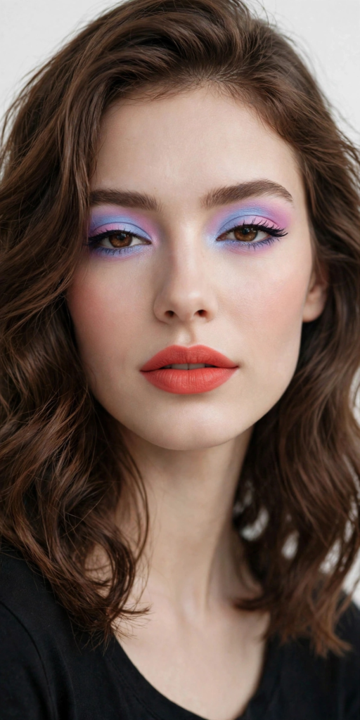 Pastel color-block makeup look on a brunette woman featuring pastel blue and lavender-pink blended eyeshadow, soft black liner, and matte coral lipstick.   