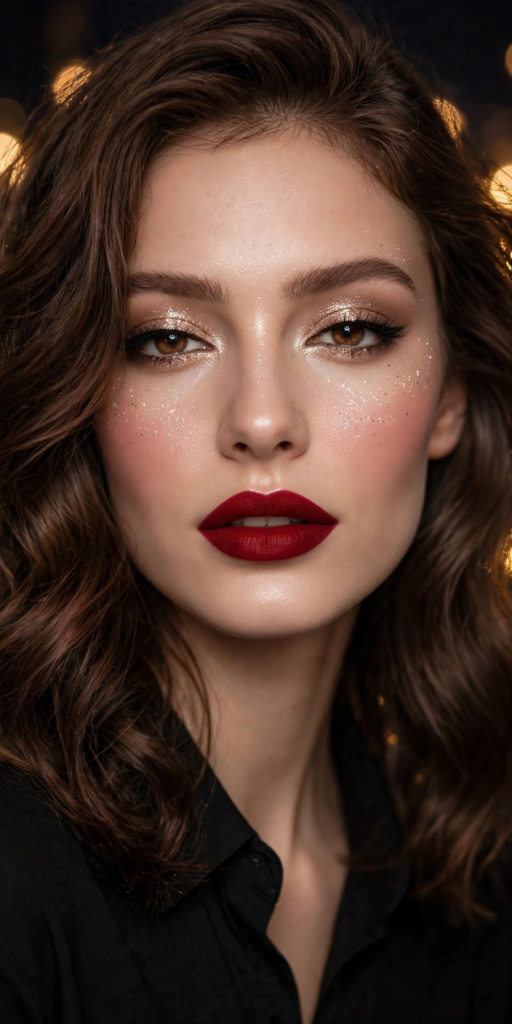 Holiday party glam makeup look featuring sparkling gold glitter across the eyelids and high cheekbones, winged eyeliner, and a bold matte deep red lip.   