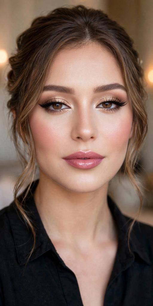 Elegant bridal soft glam makeup look featuring champagne shimmer eyeshadow, winged black liner, soft wispy lashes, rosy cheeks, and glossy mauve-pink lips.   