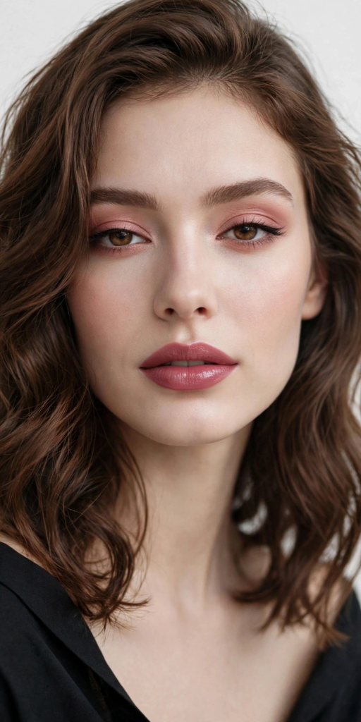 Soft monochrome rose makeup look on a brunette woman featuring dusty pink eyeshadow, naturally full brows, glowing skin, and glossy mauve-berry lips.   