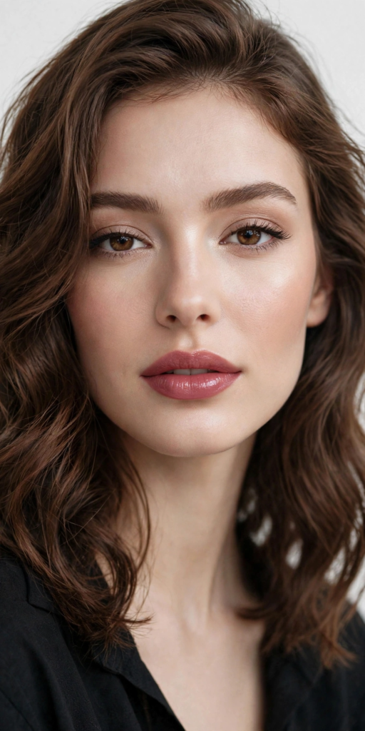 Dewy nude-glam makeup look on a brunette woman featuring glass skin highlight, natural groomed brows, subtle neutral eye contour, and glossy mauve-nude lips.   