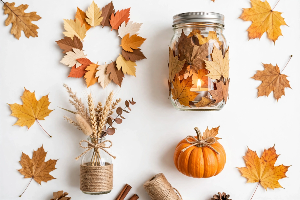 Easy fall crafts for beginners including a leaf-covered mason jar candle holder, small pumpkin with twine, mini leaf wreath, and wrapped bottle vase.