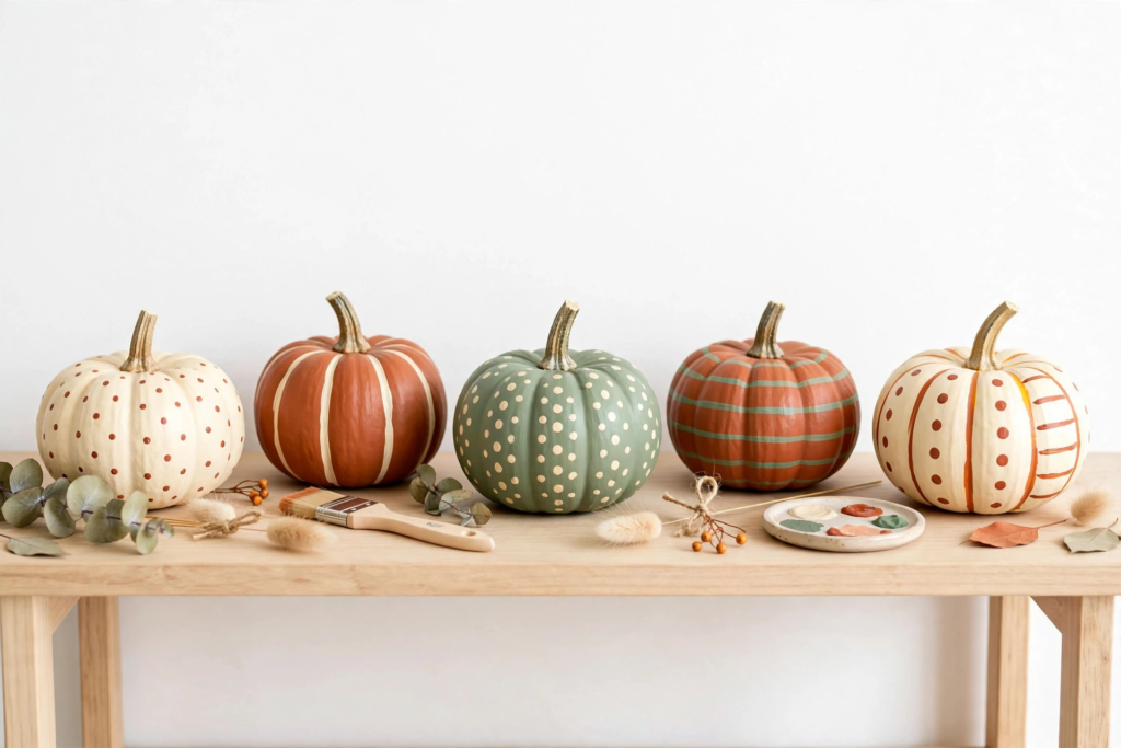 Simple painted pumpkins as easy fall crafts for beginners, decorated with dots and stripes in muted earthy tones on a wooden table.