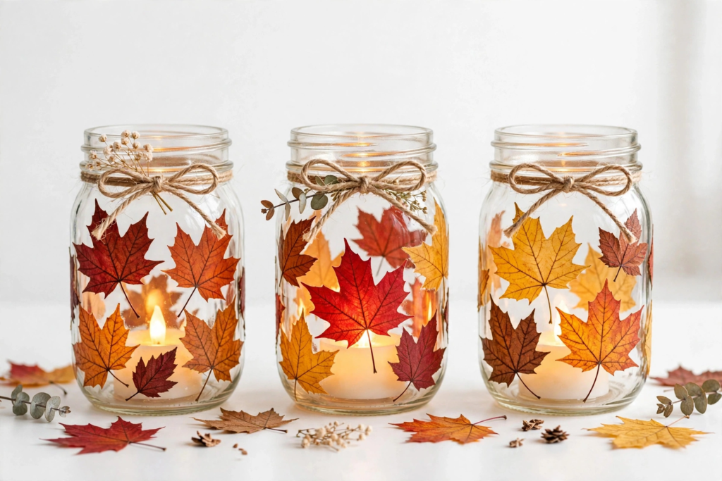 Mason jar leaf lanterns with glowing candles, tied with twine as easy fall crafts for beginners.