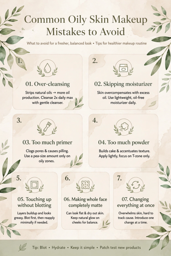 Infographic outlining common oily skin makeup mistakes to avoid as part of beauty hacks for oily skin.