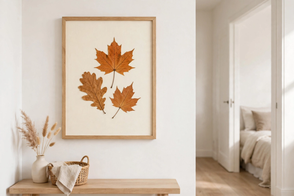 Framed pressed leaves wall art in a wooden frame as simple fall crafts for beginners.   