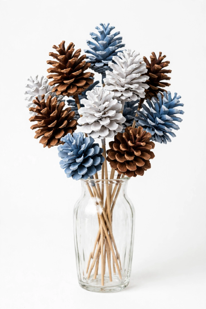 DIY painted pinecone bouquet arranged in a clear glass vase as easy fall crafts for beginners.   