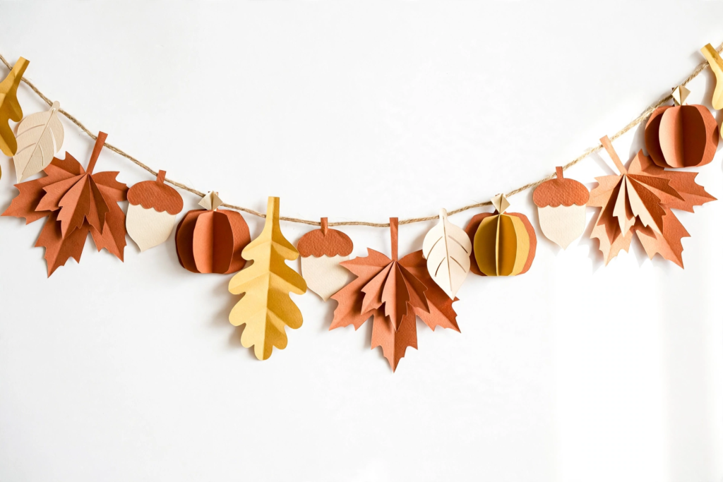 DIY 3D paper garland with autumn leaves, acorns, and pumpkins as easy fall crafts for beginners.   