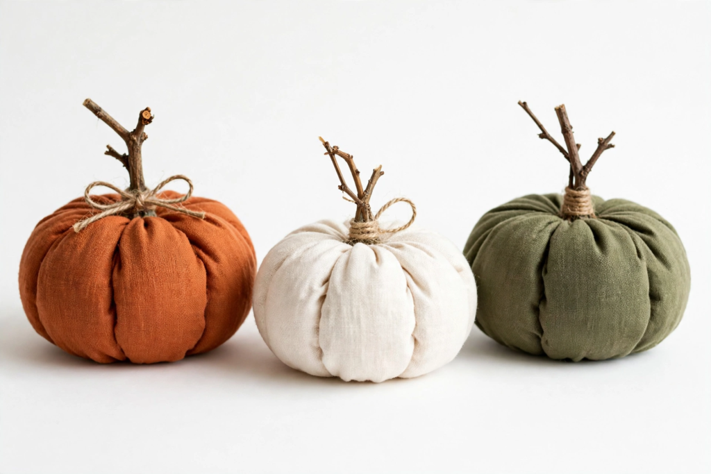 DIY fabric pumpkins with twig stems and twine bows, an easy idea for fall crafts for beginners.   