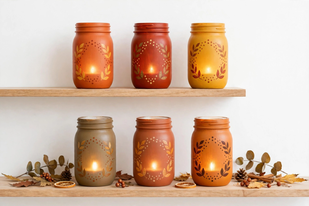 Painted mason jar lanterns glowing with candles on wooden shelves as easy fall crafts for beginners.   