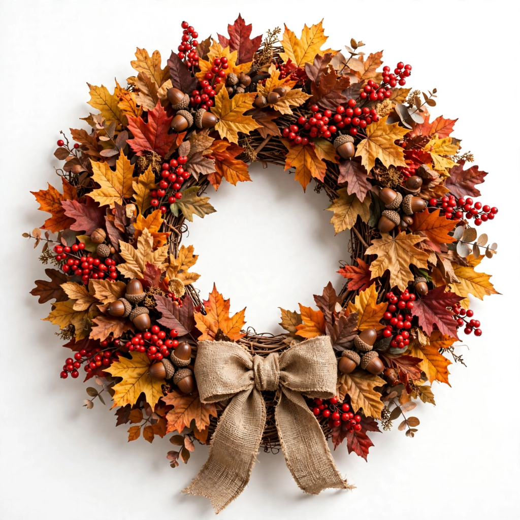 DIY autumn grapevine wreath with colorful leaves, red berries, acorns, and a burlap bow as easy fall crafts for beginners.   