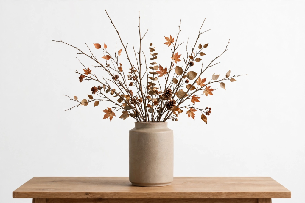 Minimalist dried branch and foliage floral arrangement in a ceramic vase as easy fall crafts for beginners.   