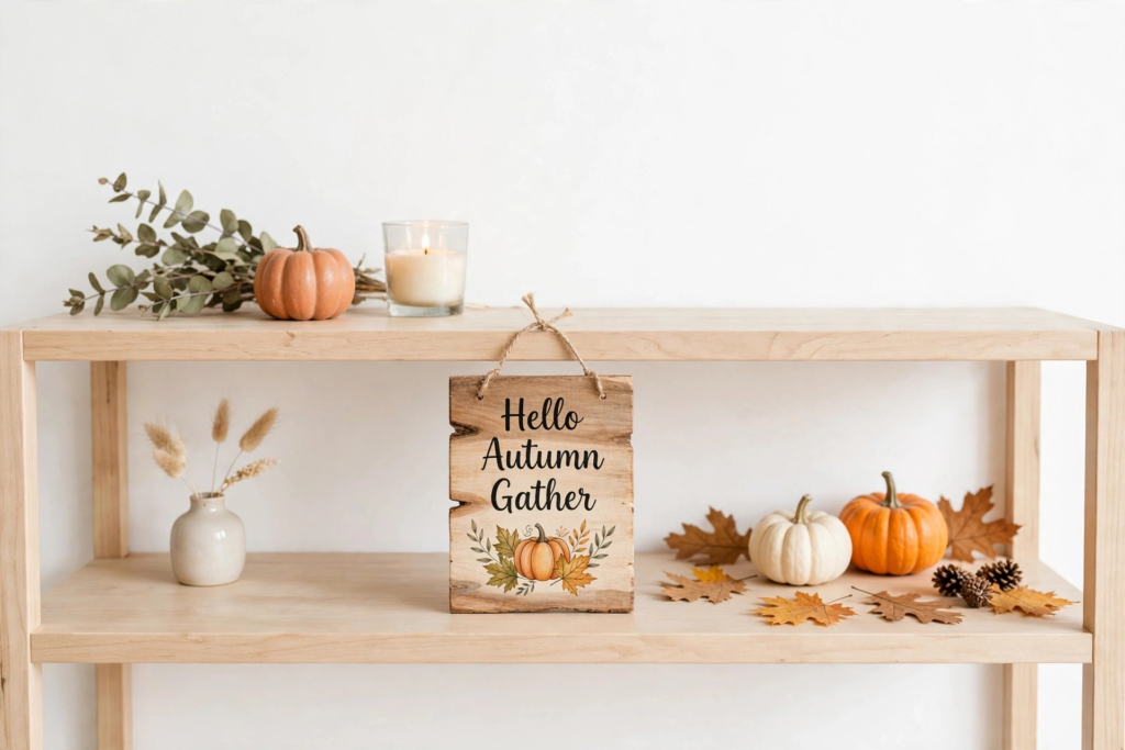 Rustic wooden sign reading "Hello Autumn Gather" styled on a shelf as easy fall crafts for beginners.   