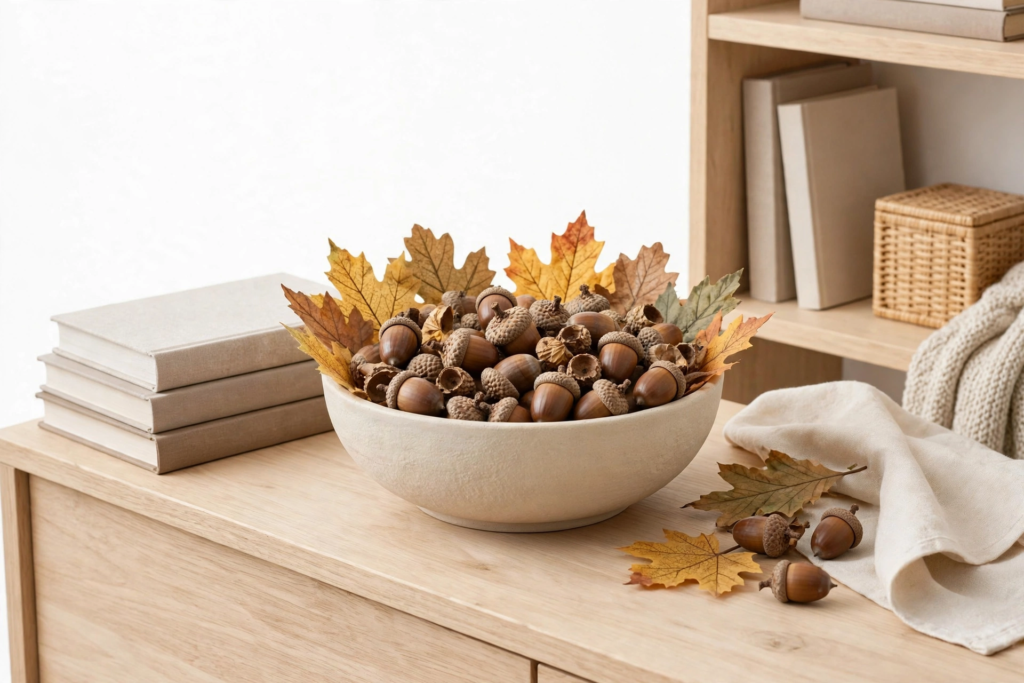 Ceramic bowl filled with acorns and autumn leaves as simple fall crafts for beginners.   
