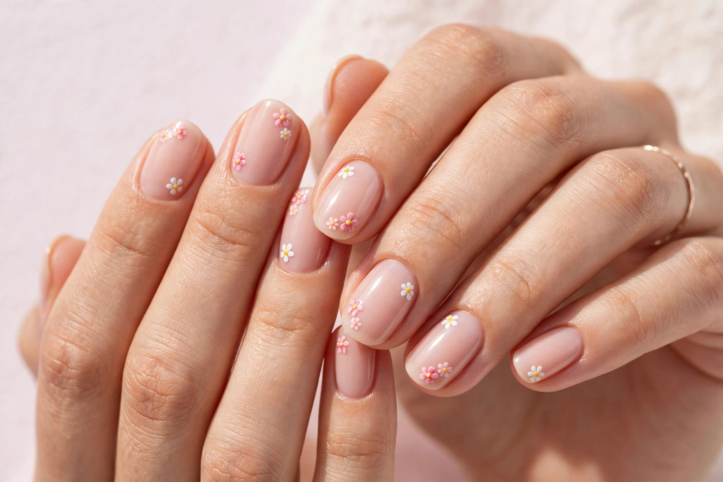 20 Simple Floral Nail Art Designs That Are Easy to Try Simple floral nail art designs featuring tiny pink and white daisies on short, glossy nude nails.