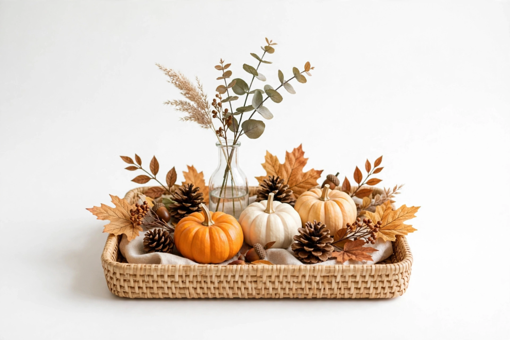 Autumn centerpiece tray styled with mini pumpkins, pinecones, and dried florals as easy fall crafts for beginners.   