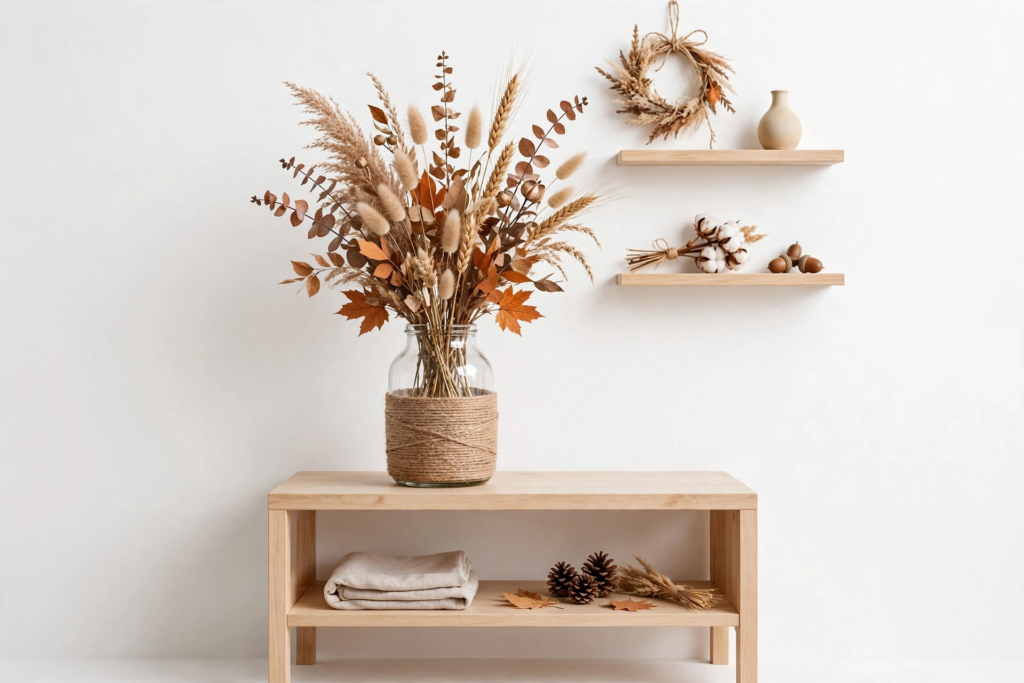 Twine-wrapped glass jar vase with dried floral bouquet styled on a console table as easy fall crafts for beginners.   