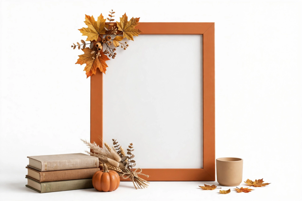 DIY autumn-decorated orange picture frame with leaves, styled with books and a mini pumpkin as easy fall crafts for beginners.   