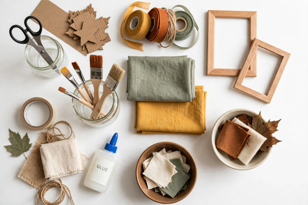 Craft supplies and materials flat lay for DIY fall crafts for beginners, including fabric, ribbons, glue, brushes, and wooden frames.   