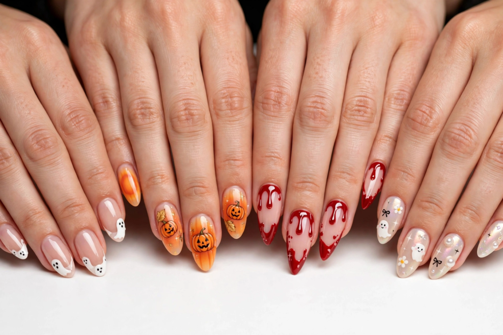 Creative Halloween nail inspo 2026 showcasing almond nails with spooky ghost french tips, orange jack-o'-lantern pumpkins, and dripping vampire blood art.