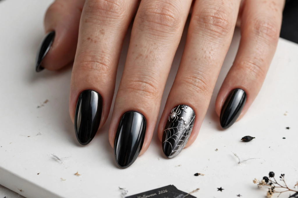 Sleek Halloween nail inspo 2026 showcasing glossy black almond nails with a silver spiderweb accent and 3D spider charm.   