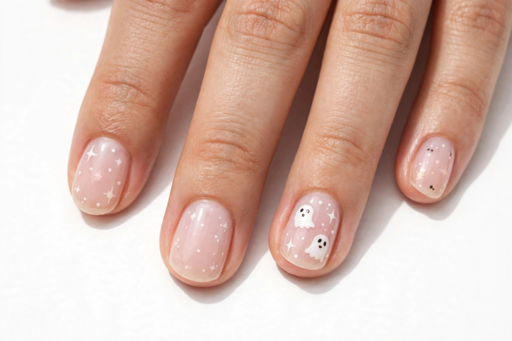 Minimalist Halloween nail inspo 2026 showcasing natural short square nails with delicate white sparkles and tiny cute ghost nail art.   