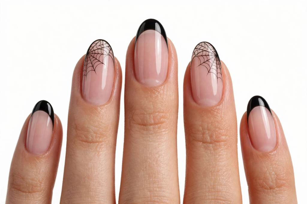Classy Halloween nail inspo 2026 featuring oval nude nails with black French tips and delicate spiderweb line art accents.   