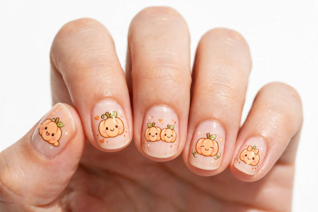 Cute Halloween nail inspo 2026 showcasing short natural square nails with adorable kawaii pumpkin face nail art.   