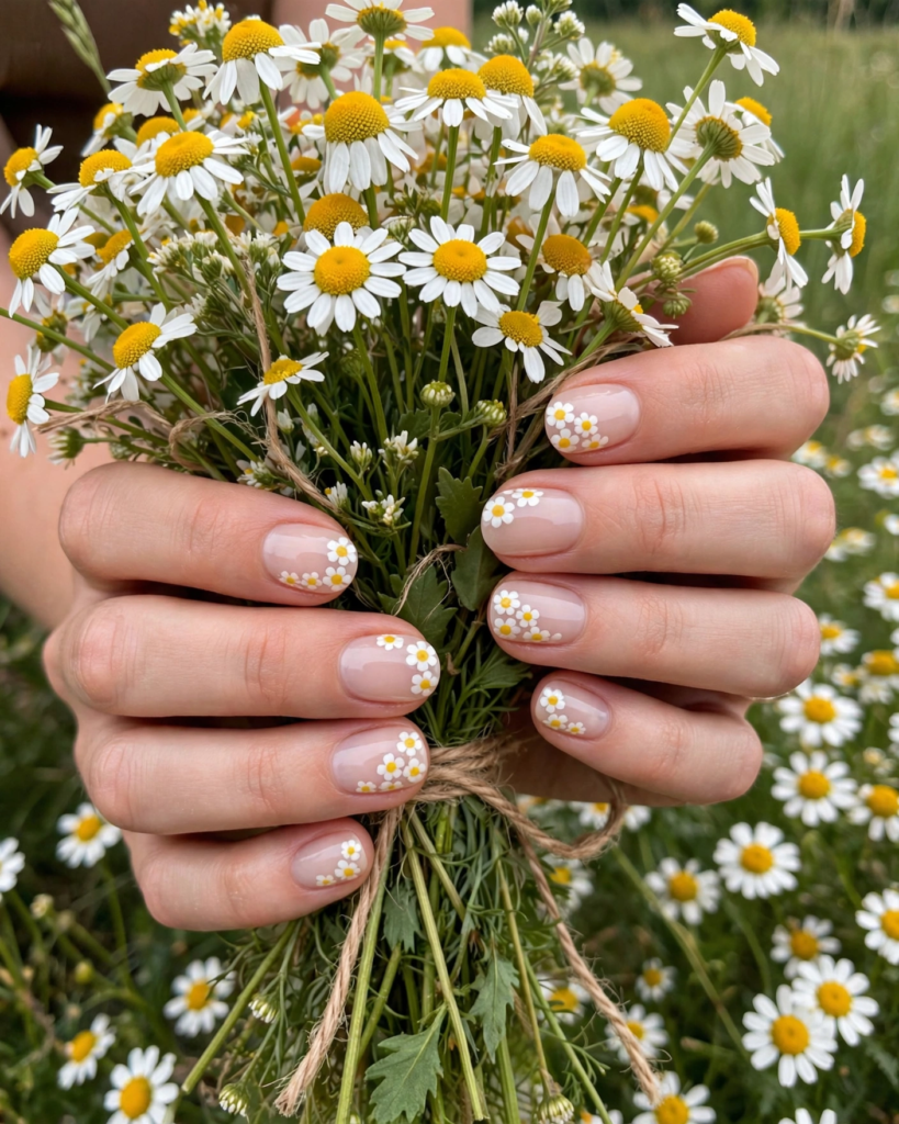 20 Simple Floral Nail Art Designs That Are Easy to Try Hands holding wild chamomile flowers showing simple floral nail art designs with white daisy French tip accents on short nude nails.