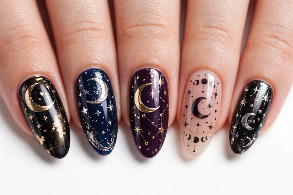Mystical Halloween nail inspo 2026 showcasing dark almond nails with metallic gold and silver celestial moon phases and starry night art.   