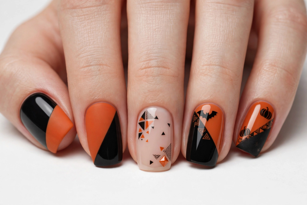 Modern Halloween nail inspo 2026 featuring square nails with geometric orange and black color-blocking, bats, and tiny pumpkins.   